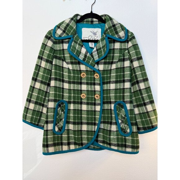 Anthropologie Tabitha Green Plaid Double-Breasted Jacket S Wool Blend Teal Trim - Picture 1 of 7